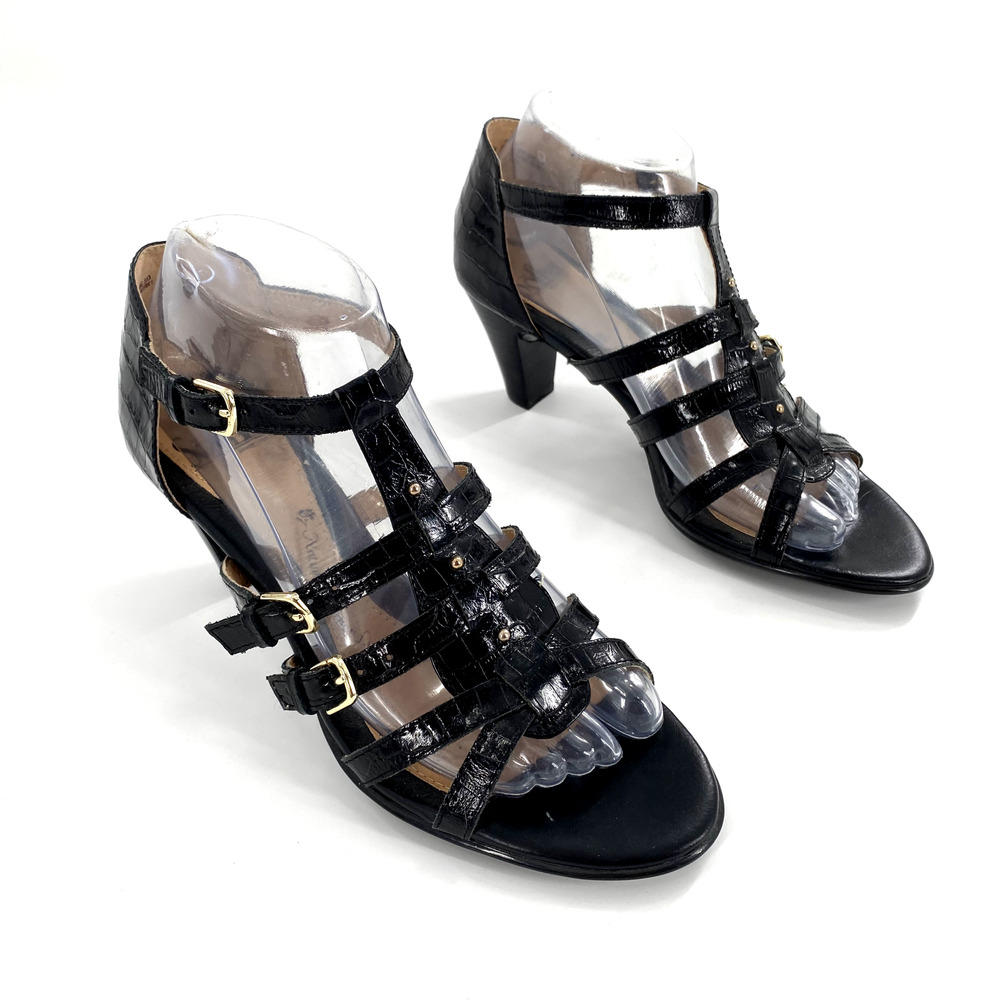 Sofft Womens Cage Strappy Heels Pumps Black Croc Embossed Leather Sz 8M Comfort
